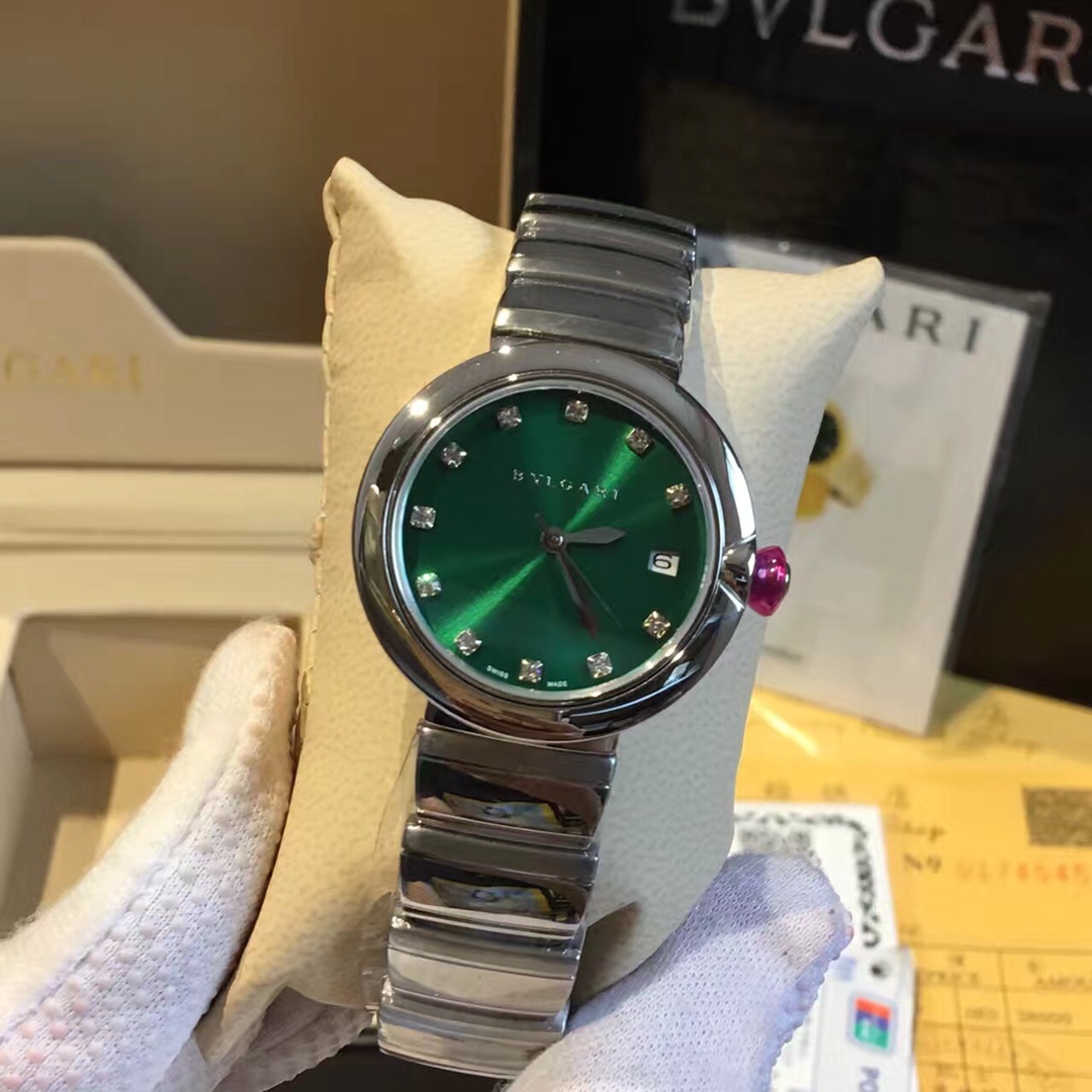 Bvlgari Lvcea stainless steel case and bracelet, white mother-of-pearl dial, pink cabochon crown 33mm Women's Quartz