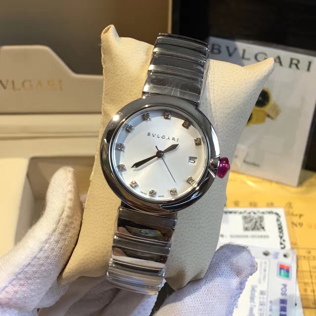 Bvlgari Lvcea stainless steel case and bracelet, white mother-of-pearl dial, pink cabochon crown 33mm Women's Quartz