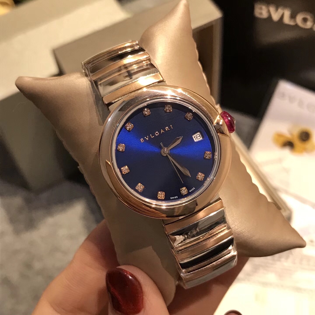 Bvlgari Lvcea Rose gold-tone case, diamond-set bezel, burgundy dial, silver-tone bracelet 33mm Women's Quartz