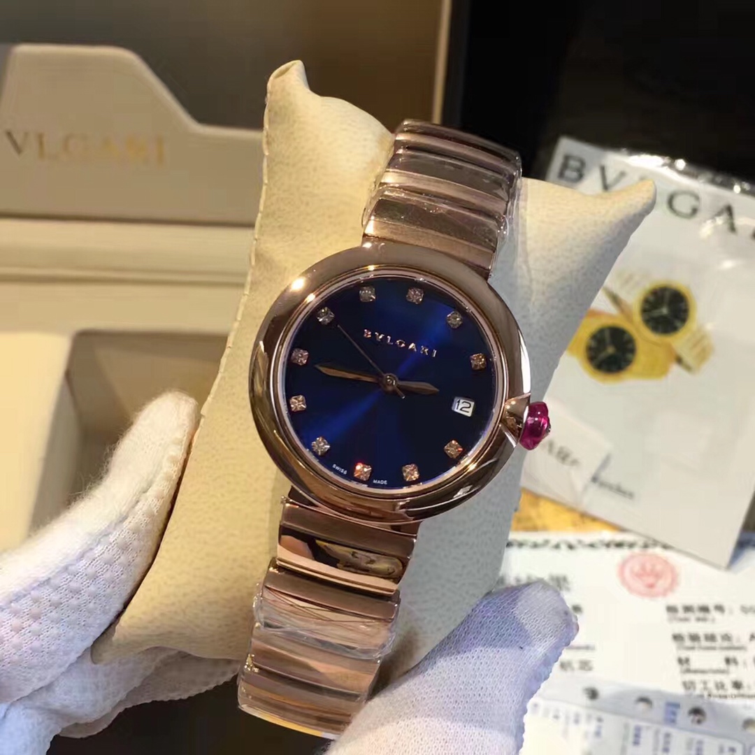 Bvlgari Lvcea rose gold case and bracelet, pink cabochon crown, white dial 33mm Women's Automatic