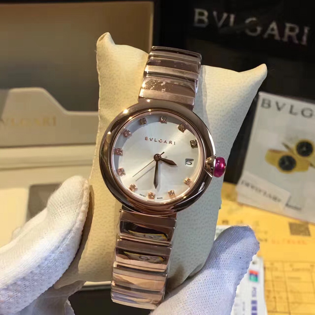 Bvlgari Lvcea rose gold case and bracelet, pink cabochon crown, white dial 33mm Women's Automatic
