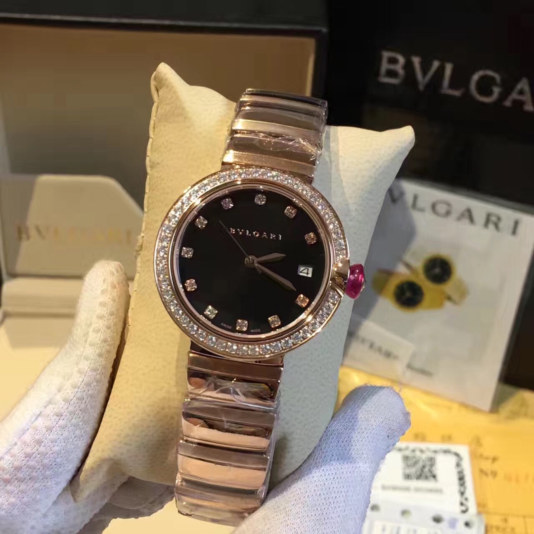 Bvlgari Lvcea rose gold case and bracelet, diamond bezel, white mother-of-pearl dial 33mm Women's Quartz