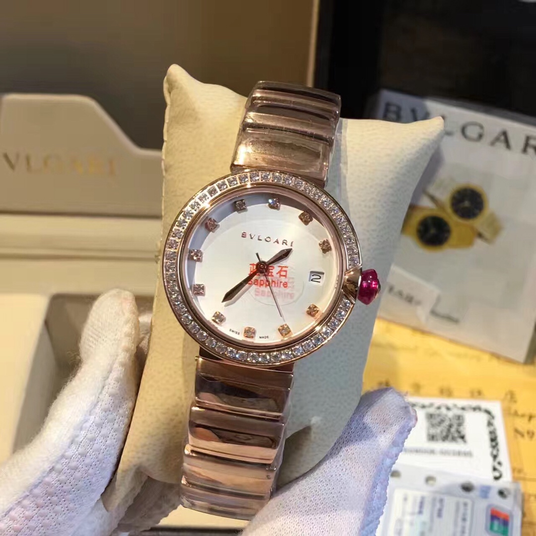 Bvlgari Lvcea rose gold case and bracelet, diamond bezel, white mother-of-pearl dial 33mm Women's Quartz