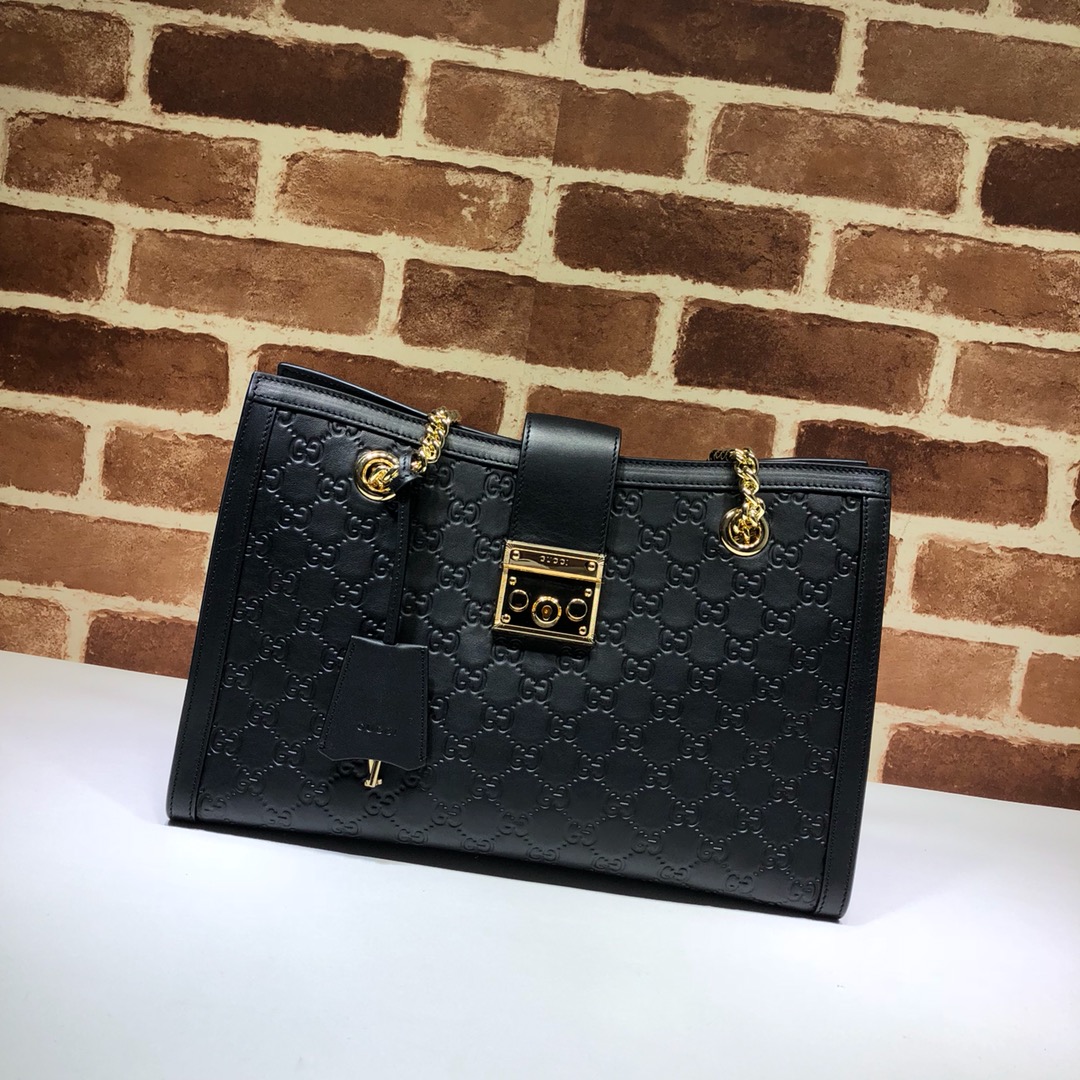 GUCCI古驰双G压印黑色皮革中号肩背包479197