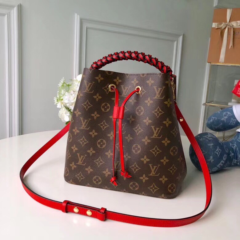 Louis Vuitton LV NeoNoe Bags Handbags Gold Orange Red Weave Monogram Canvas Cowhide M43985