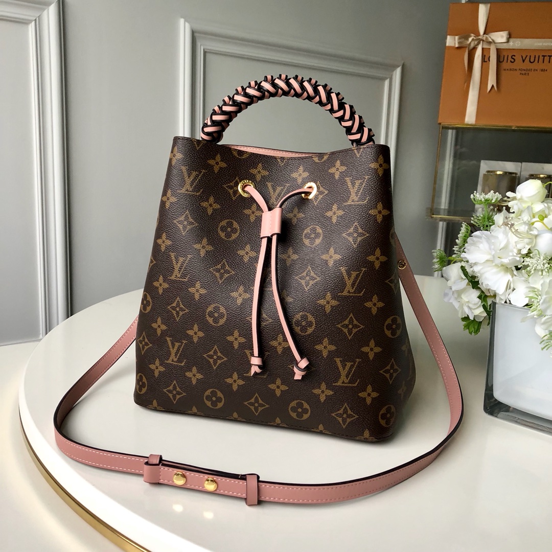 Louis Vuitton LV NeoNoe Bags Handbags Gold Pink Weave Monogram Canvas Cowhide M43985