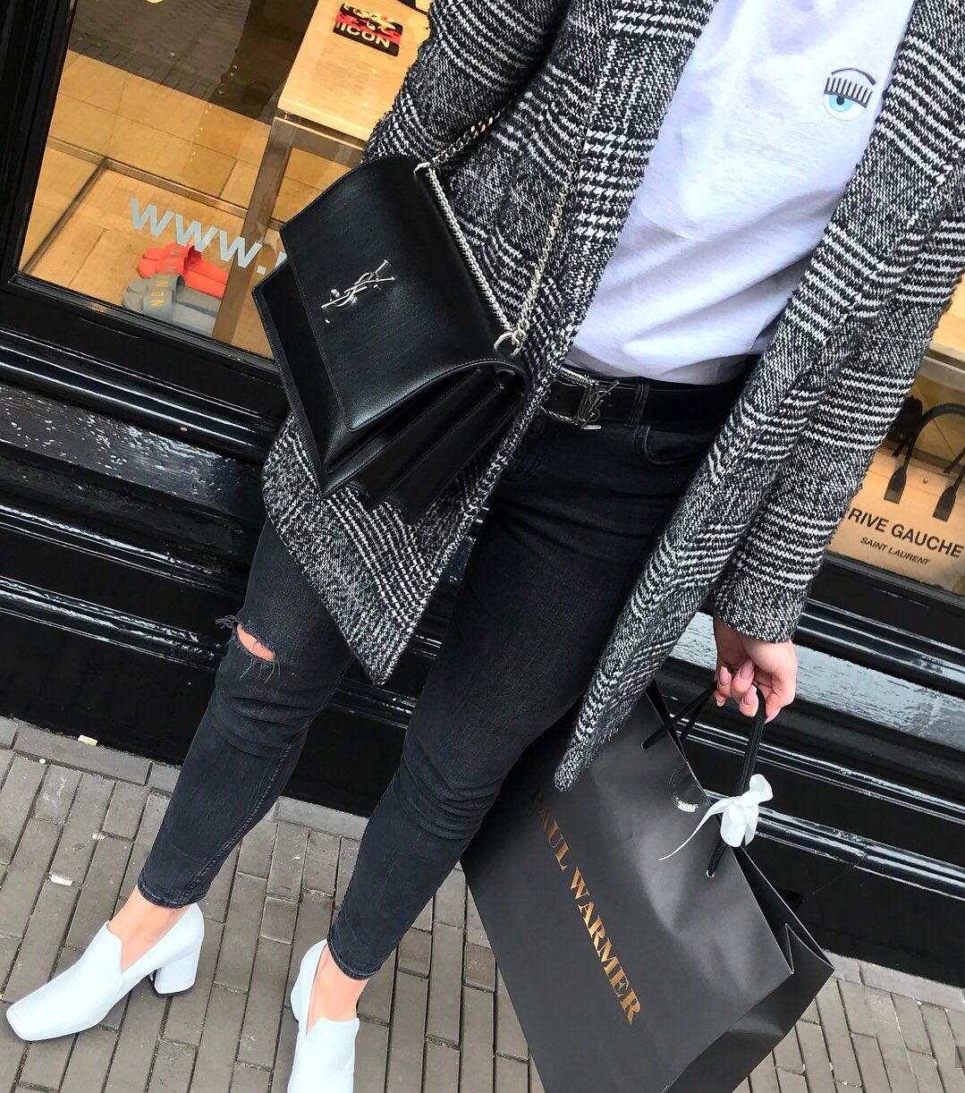 YSL Sunset 22CM 牙签纹日落包 442906黑色银扣