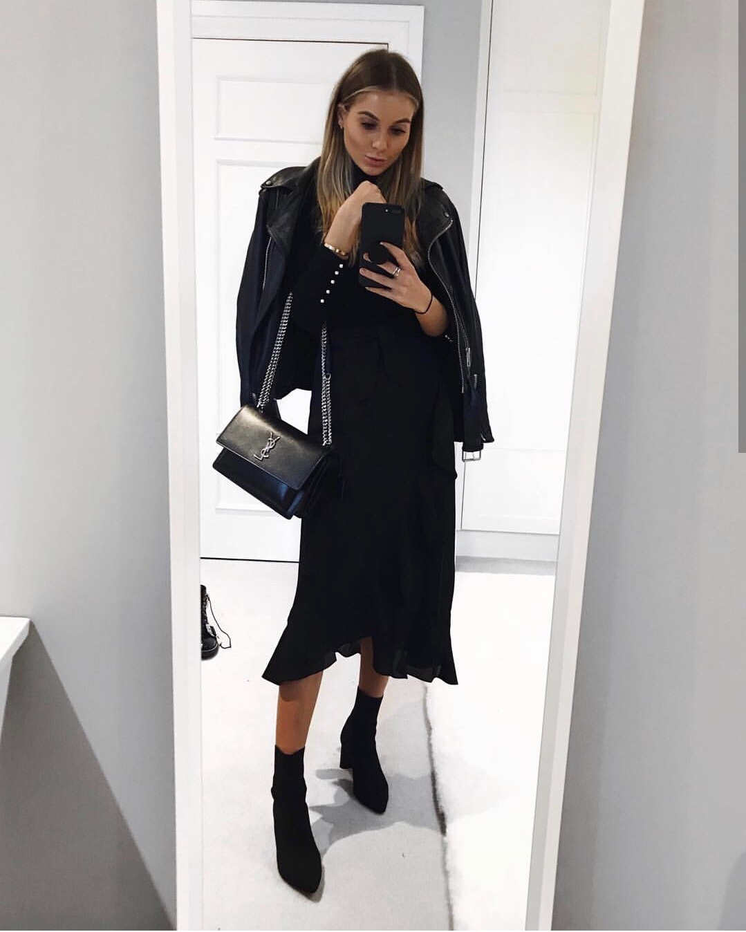 YSL Sunset 22CM 牙签纹日落包 442906黑色银扣