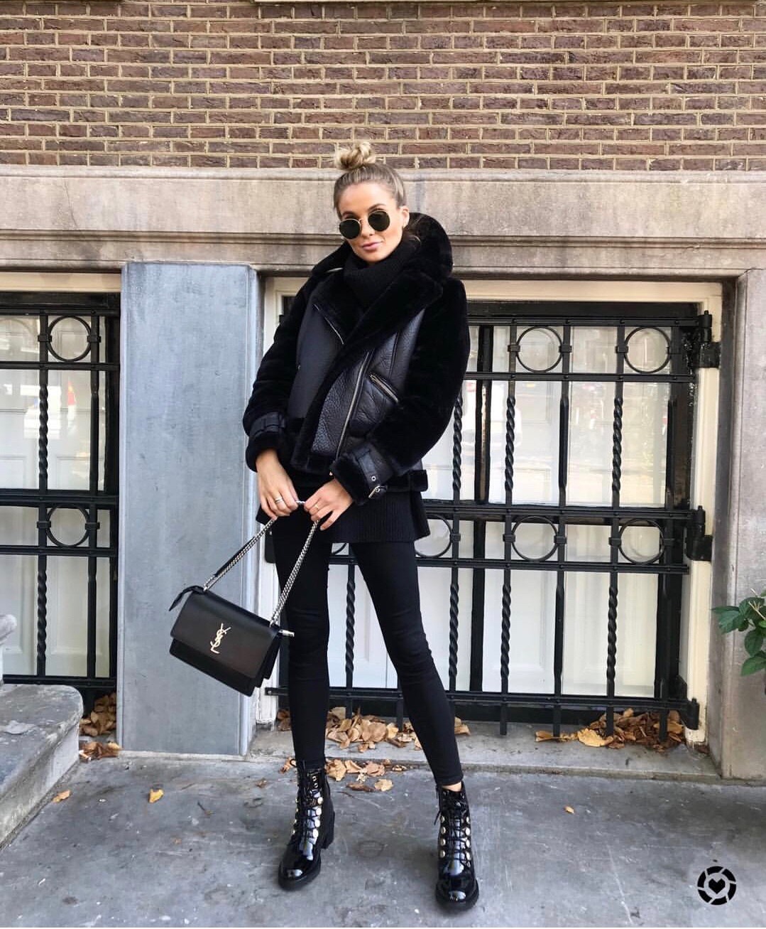 YSL Sunset 22CM 牙签纹日落包 442906黑色银扣