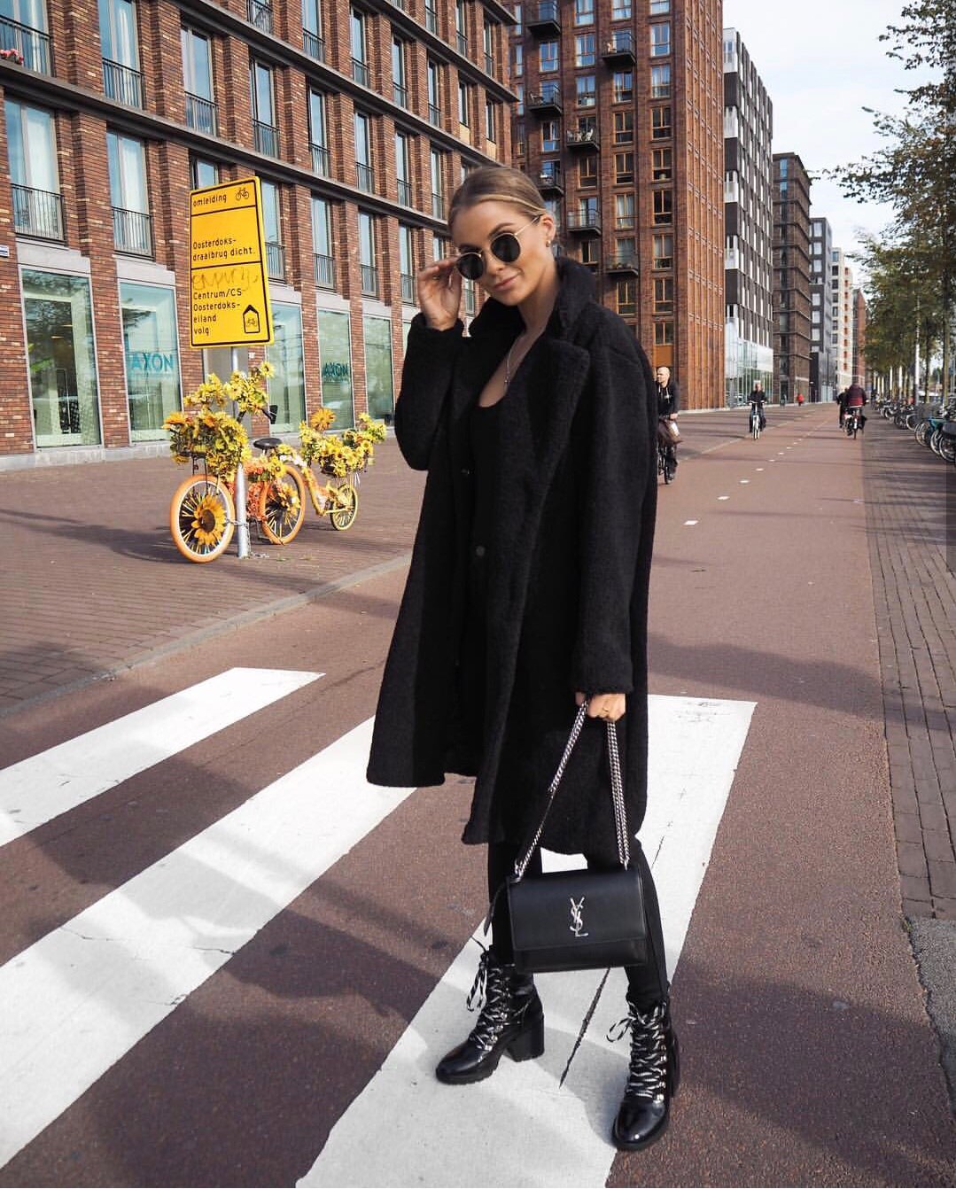 YSL Sunset 22CM 牙签纹日落包 442906黑色银扣