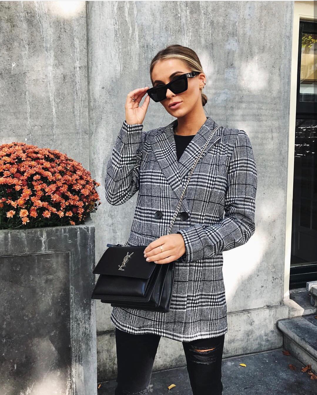 YSL Sunset 22CM 牙签纹日落包 442906黑色银扣