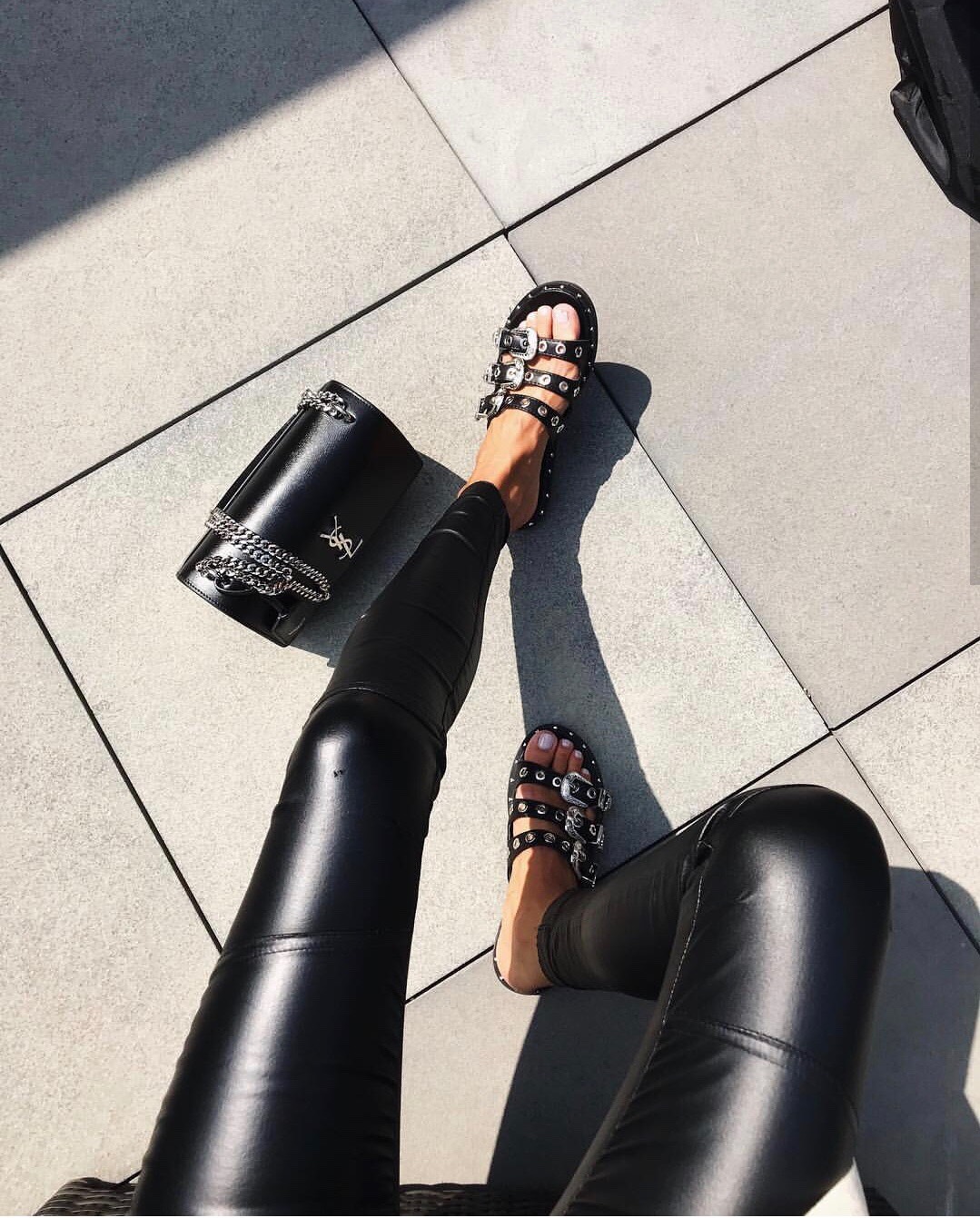 YSL Sunset 22CM 牙签纹日落包 442906黑色银扣