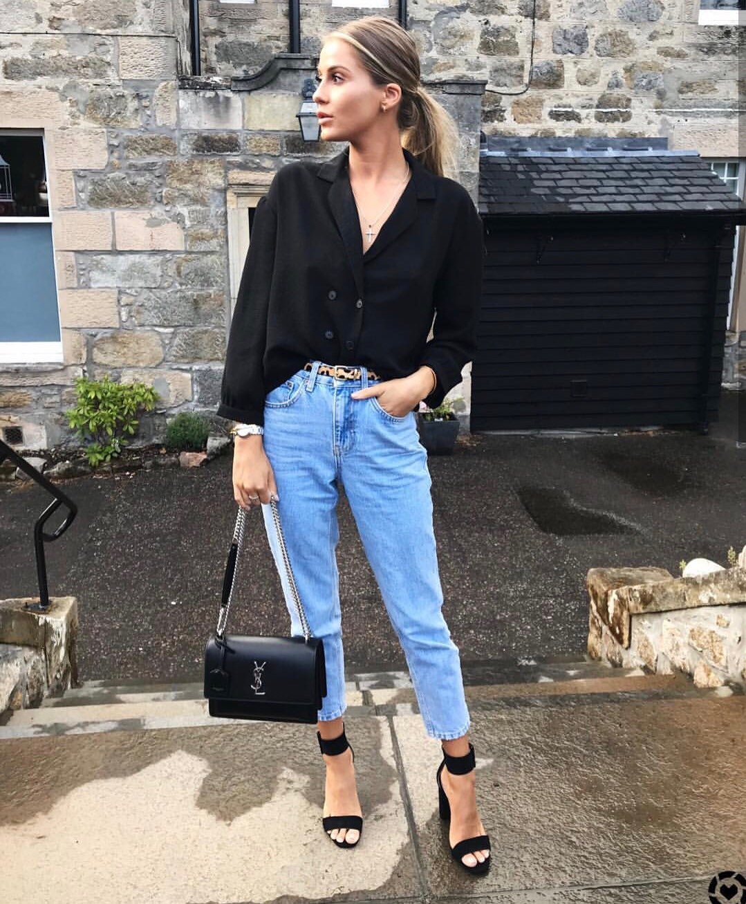 YSL Sunset 22CM 牙签纹日落包 442906黑色银扣