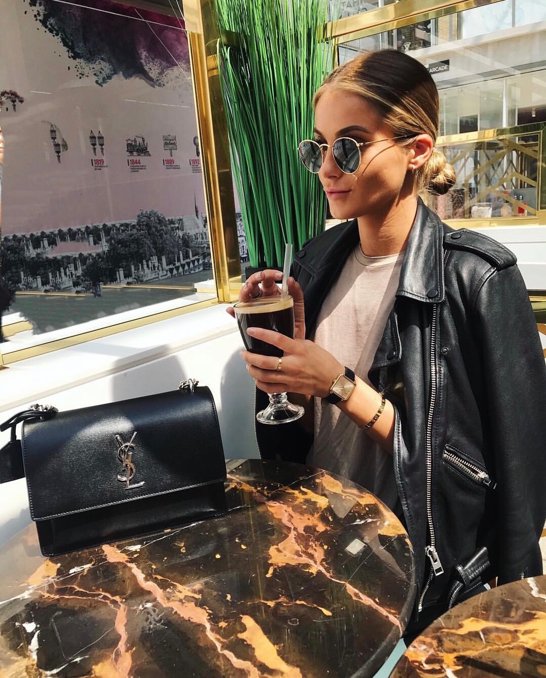 YSL Sunset 22CM 牙签纹日落包 442906黑色银扣