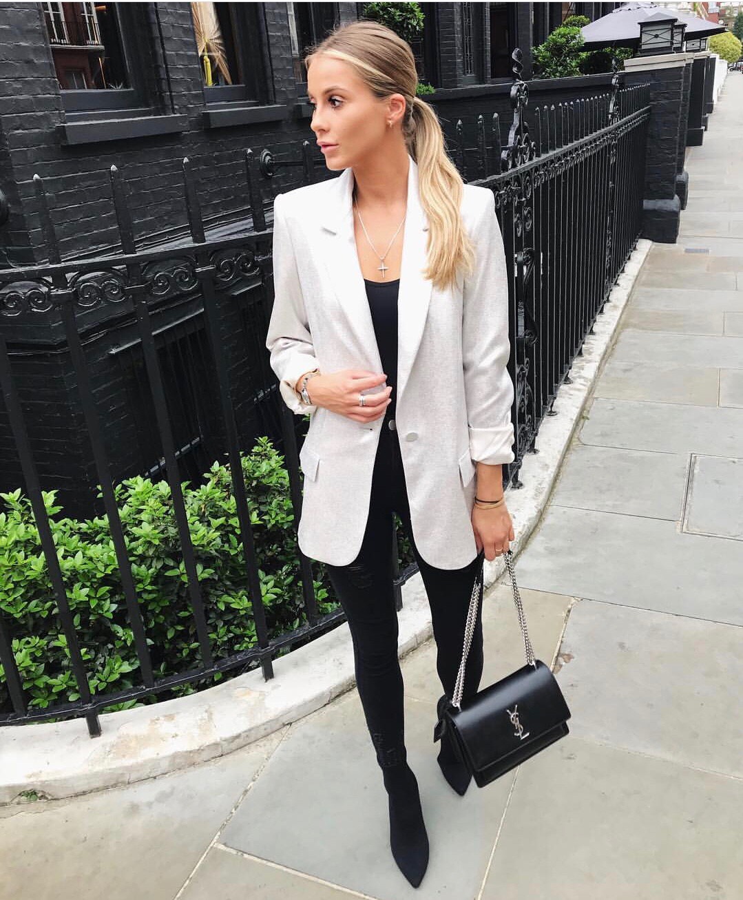 YSL Sunset 22CM 牙签纹日落包 442906黑色银扣