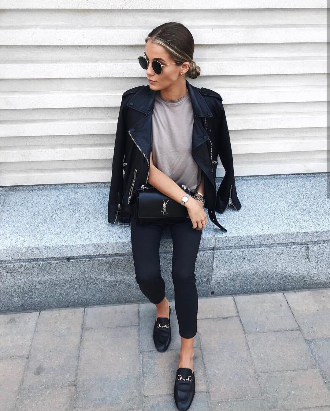 YSL Sunset 22CM 牙签纹日落包 442906黑色银扣