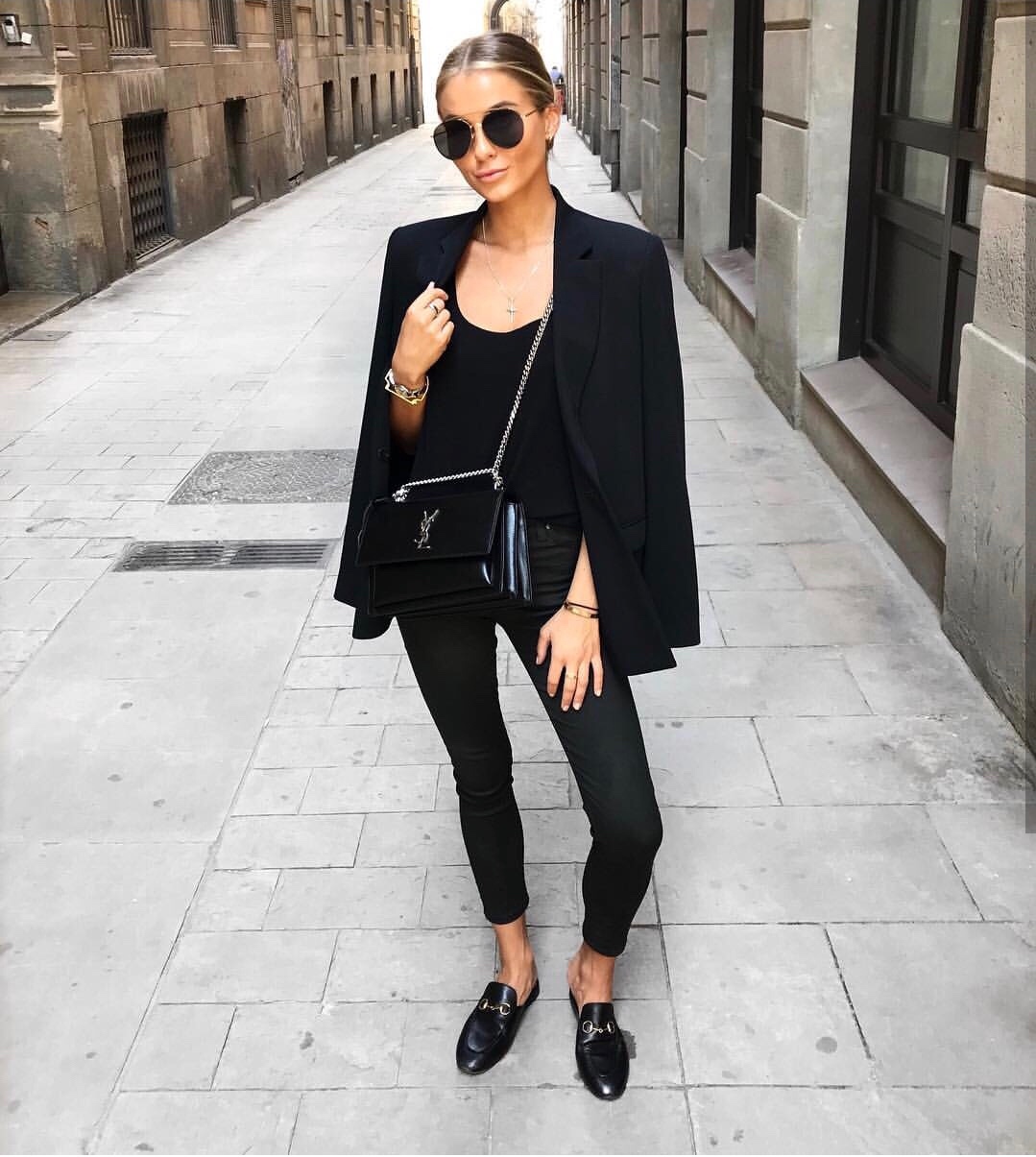 YSL Sunset 22CM 牙签纹日落包 442906黑色银扣