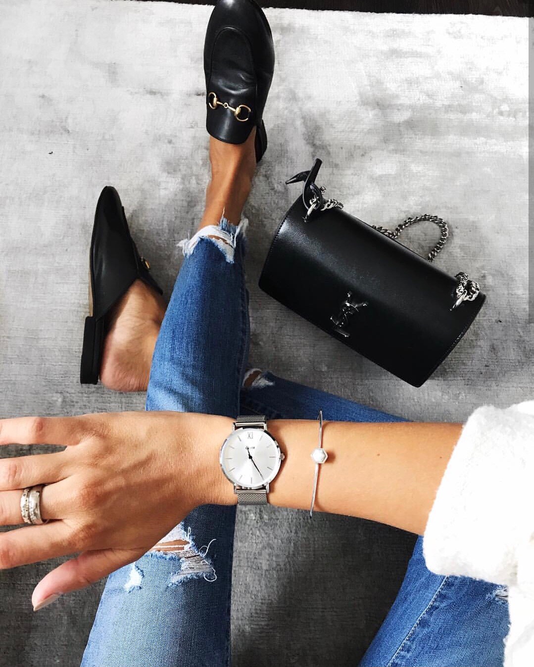 YSL Sunset 22CM 牙签纹日落包 442906黑色银扣