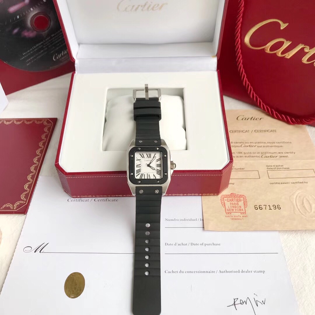 까르띠에 산토스 51×41mm 35×44mm 쿼츠 무브먼트 사파이어 글라스 스틸밴드 가죽스트랩 미디움 라지 레플리카 42785