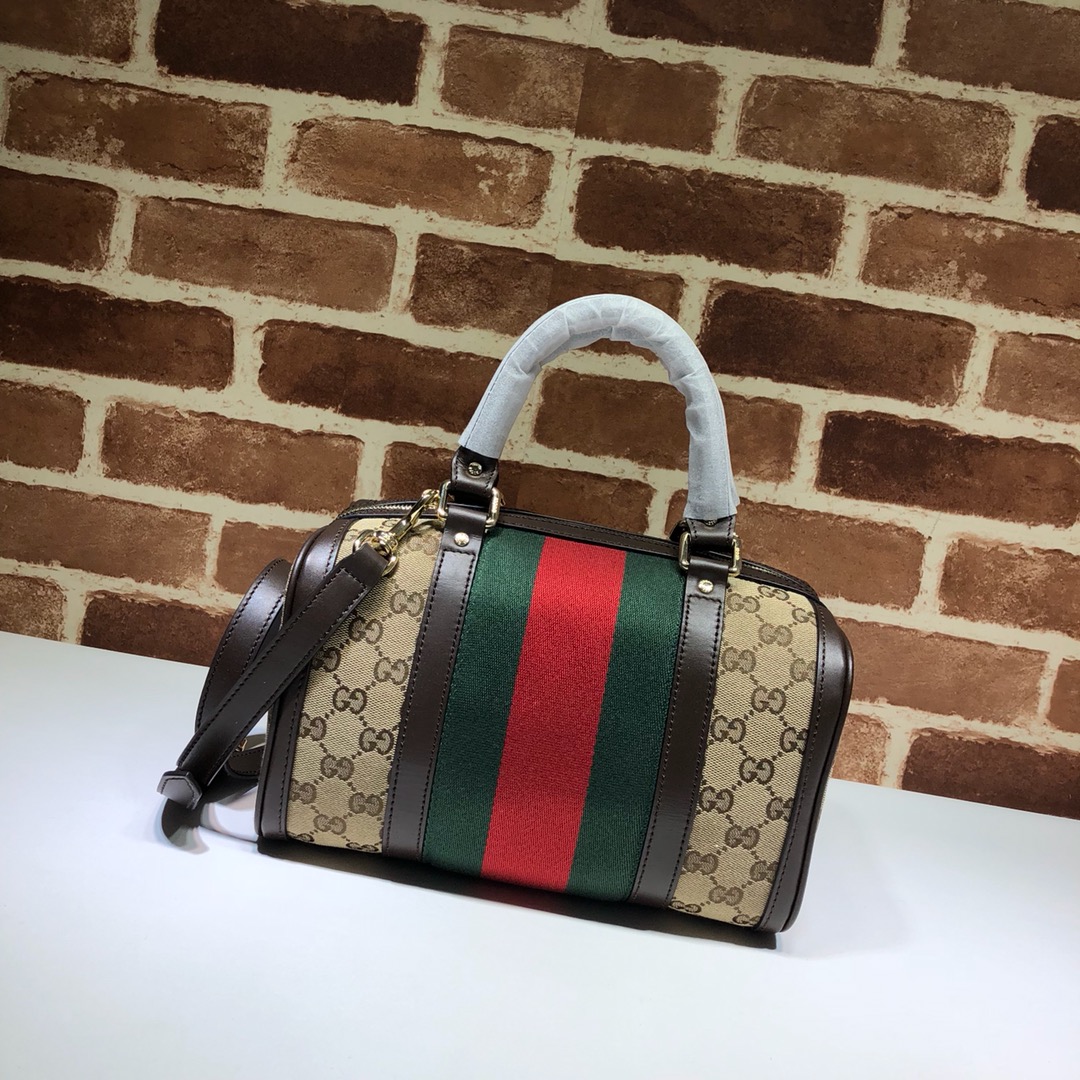 GUCCI古驰双G帆布配皮波士顿圆筒手提单肩斜挎包269876