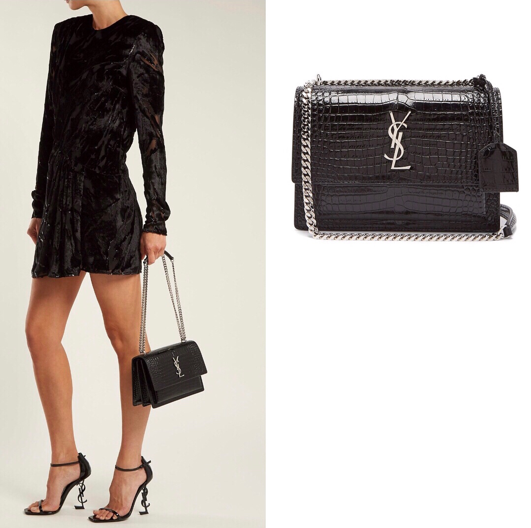 YSL Sunset 22CM 鳄鱼纹日落包 442906黑色/银扣