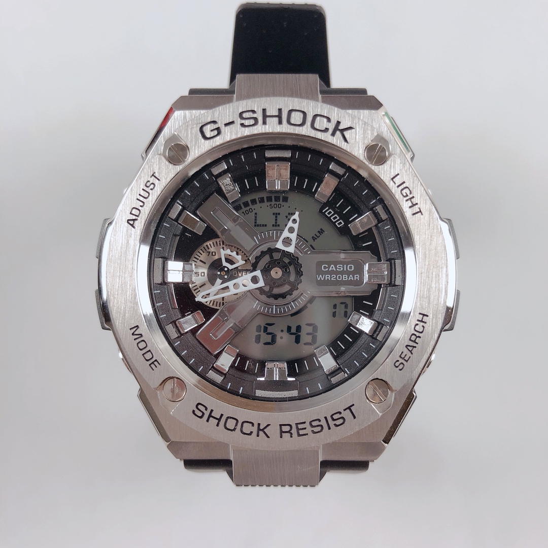 F5   GST-400G独家首发抬手自动亮灯，配备鉴定证书—G表现货— Casio 卡西欧 G-SHOCK–经典防震表盘设计配合冲击视觉的强烈色彩LCD液晶显示盘精确到1/1000秒的秒表计速功能防震防磁48个城市时间倒计时闹钟全自动日历等多样强大功能