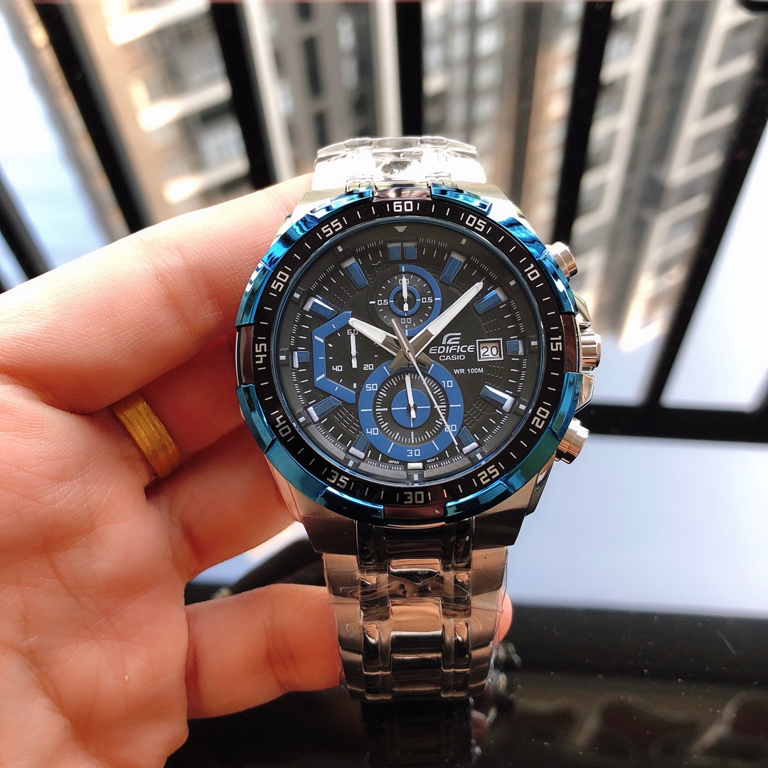 F5    Casio 卡西欧  CASIO 27类型：6针EF-559系列多功能男表 机芯：进口多功能原装跑秒石英机芯 材质：顶级316L精钢壳套 镜面：顶级金钢镀膜防刮镜面 表带：真牛皮表带/316精钢 尺寸：直径43.5mm厚度13mm