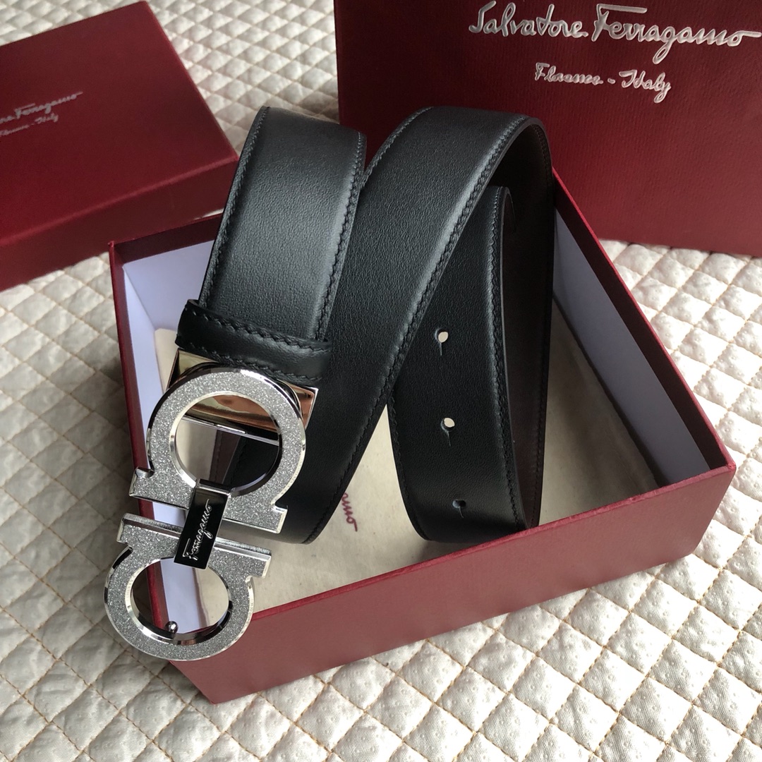 SalvatoreFerragamo菲拉格慕男士3.5cm精钢滚砂工艺金属夹扣头层牛皮真皮纹理百搭大气单