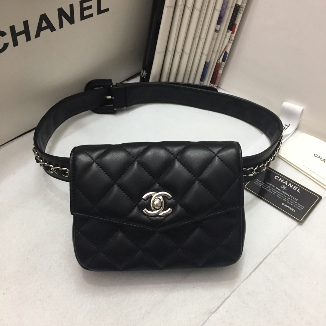 Chanel Belt Bags & Fanny Packs Black Silver Lambskin Sheepskin Casual