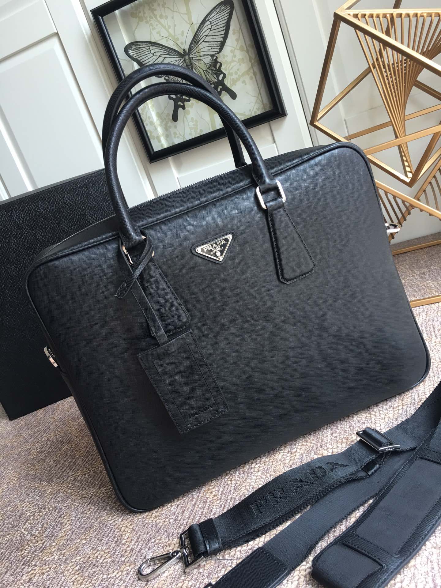 PRADA普拉达进口十字纹牛皮公文包0891