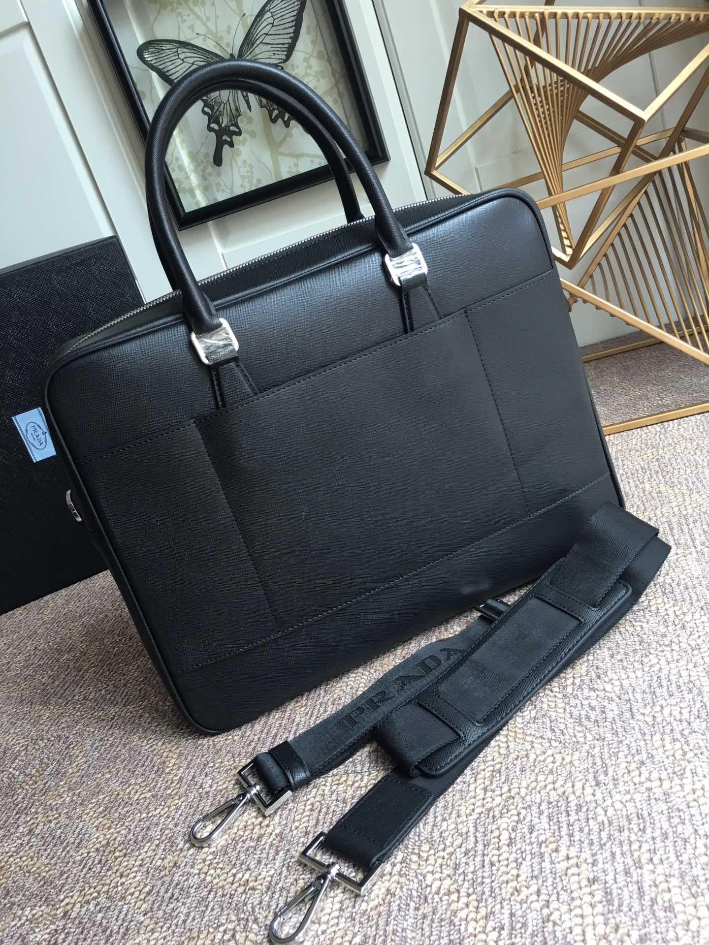 PRADA普拉达进口十字纹牛皮公文包0891