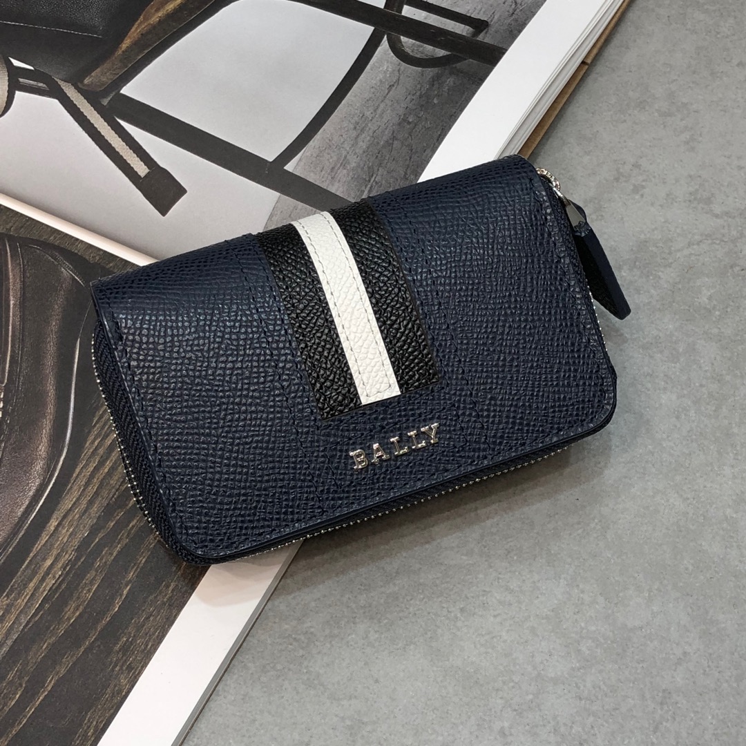 [Bally Wallets]Zipper Key Case Coin Purse Classic Stripe Embossed Cowhide Easy