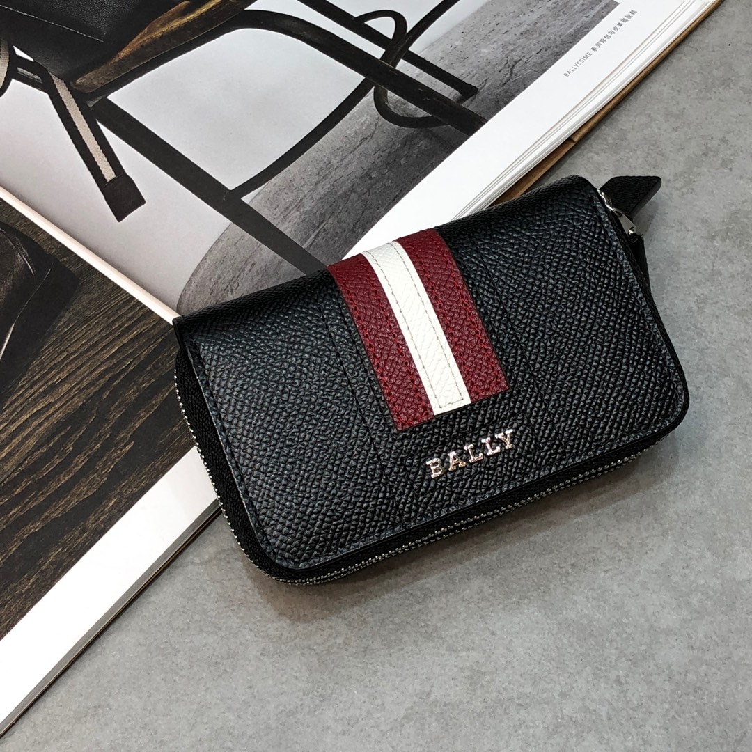 [Bally Wallets]Zipper Key Case Coin Purse Classic Stripe Embossed Cowhide Easy