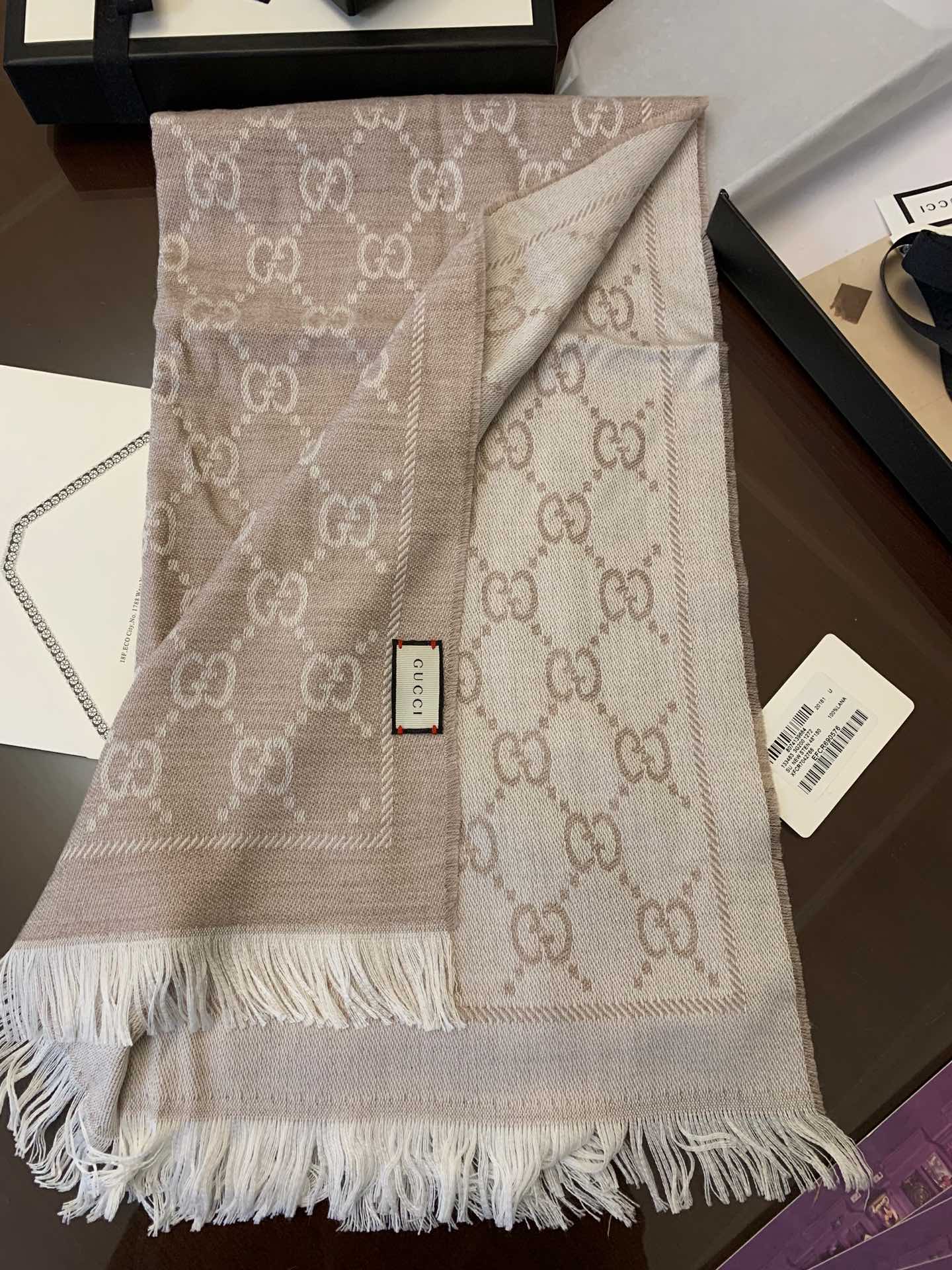GUCCI古驰GG提花流苏饰边双面提花羊毛围巾
