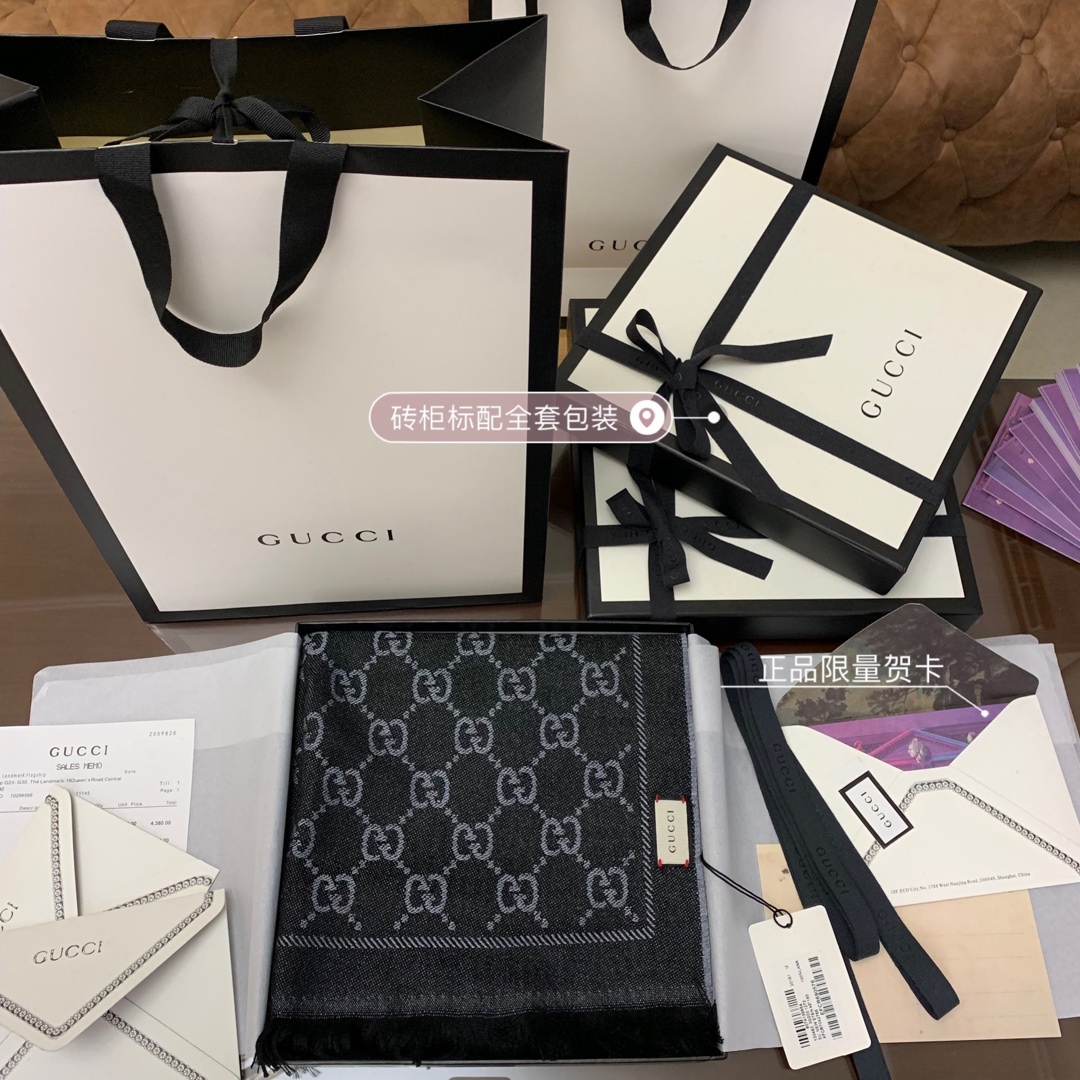 GUCCI古驰GG提花流苏饰边双面提花羊毛围巾