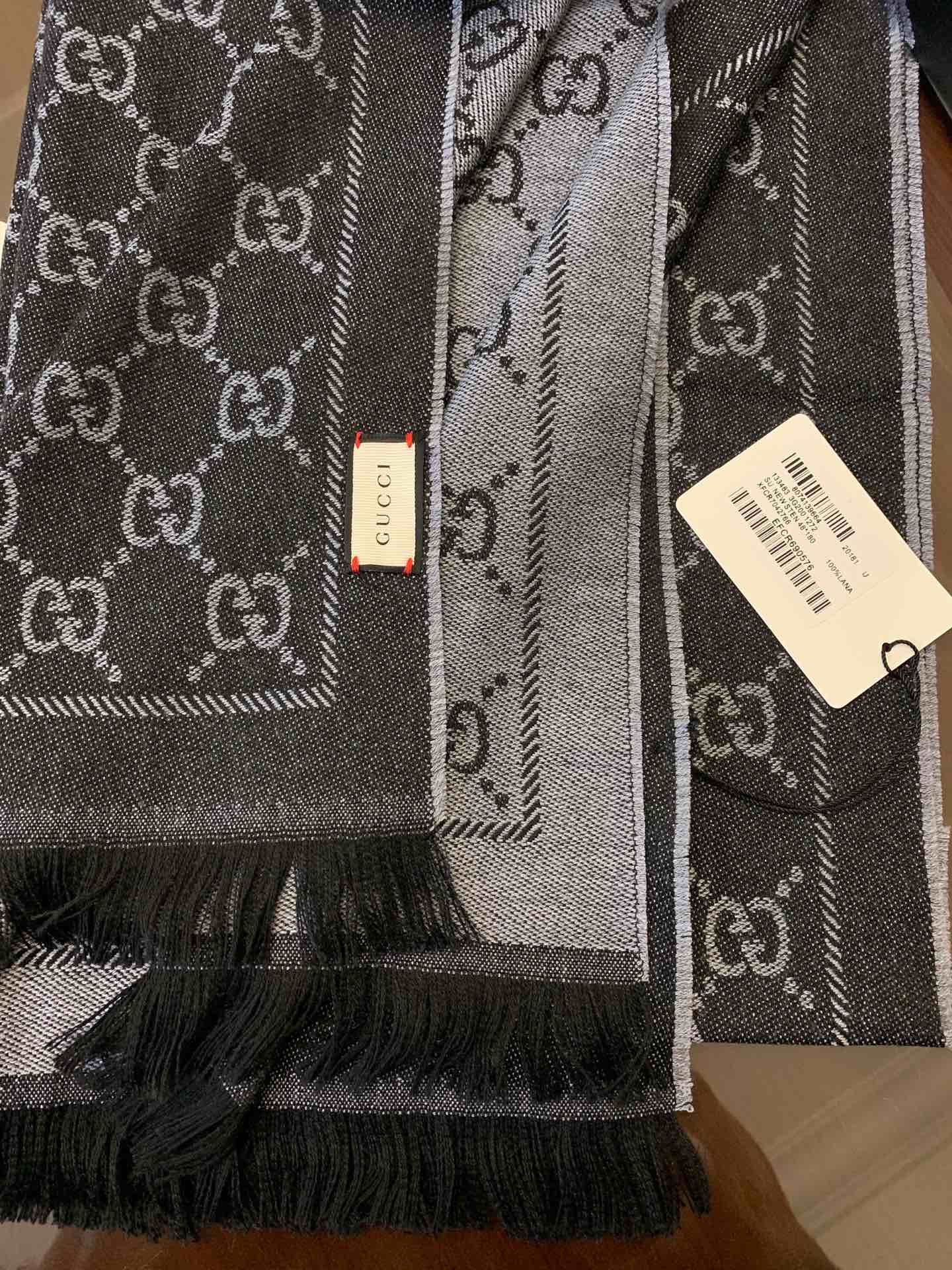 GUCCI古驰GG提花流苏饰边双面提花羊毛围巾