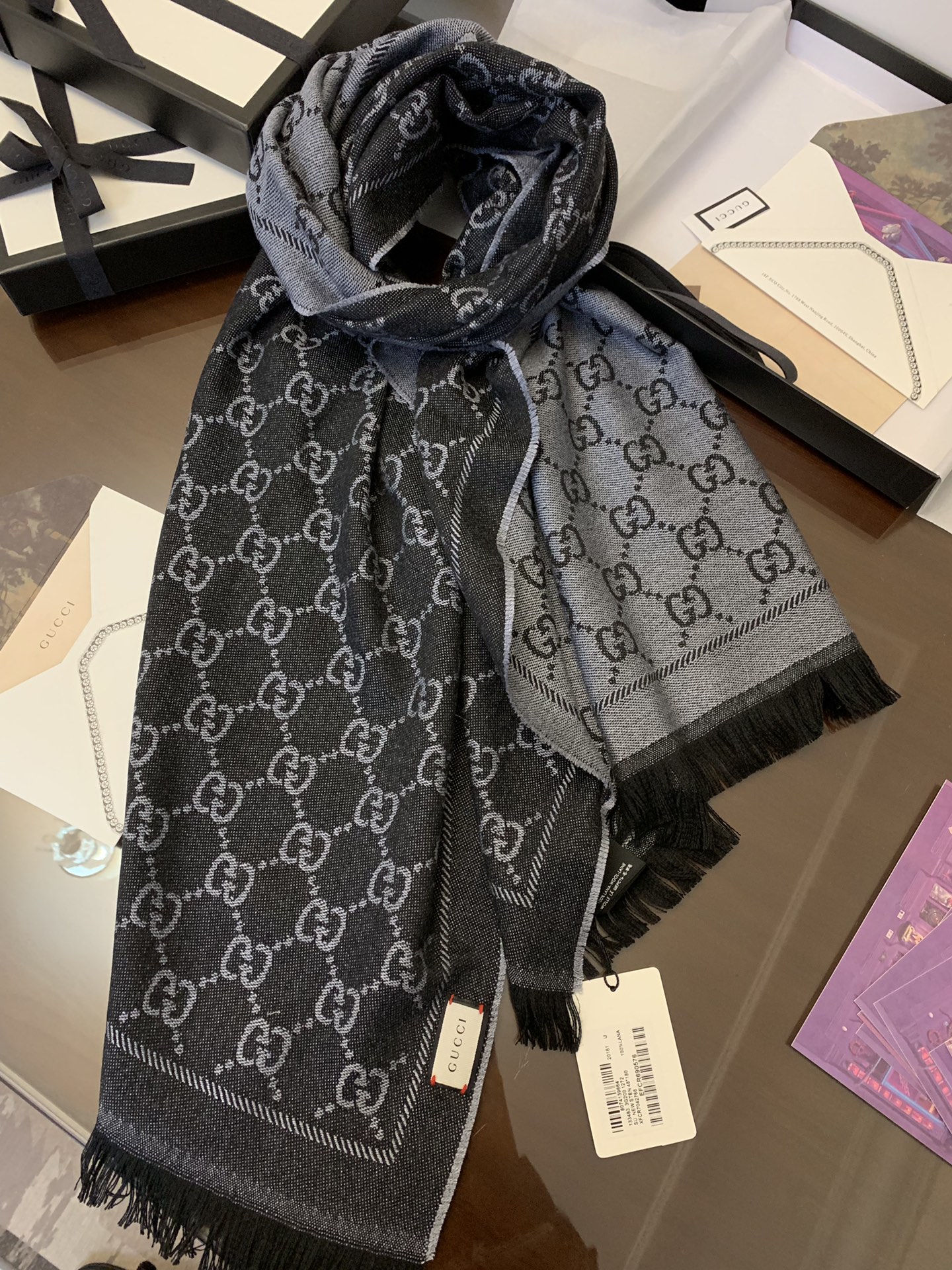 GUCCI古驰GG提花流苏饰边双面提花羊毛围巾