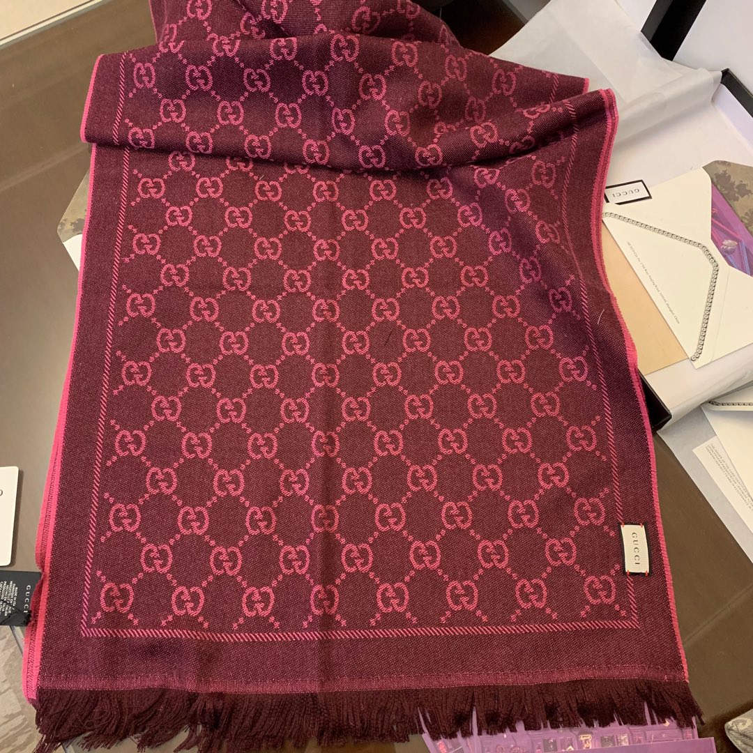 GUCCI古驰GG提花流苏饰边双面提花羊毛围巾