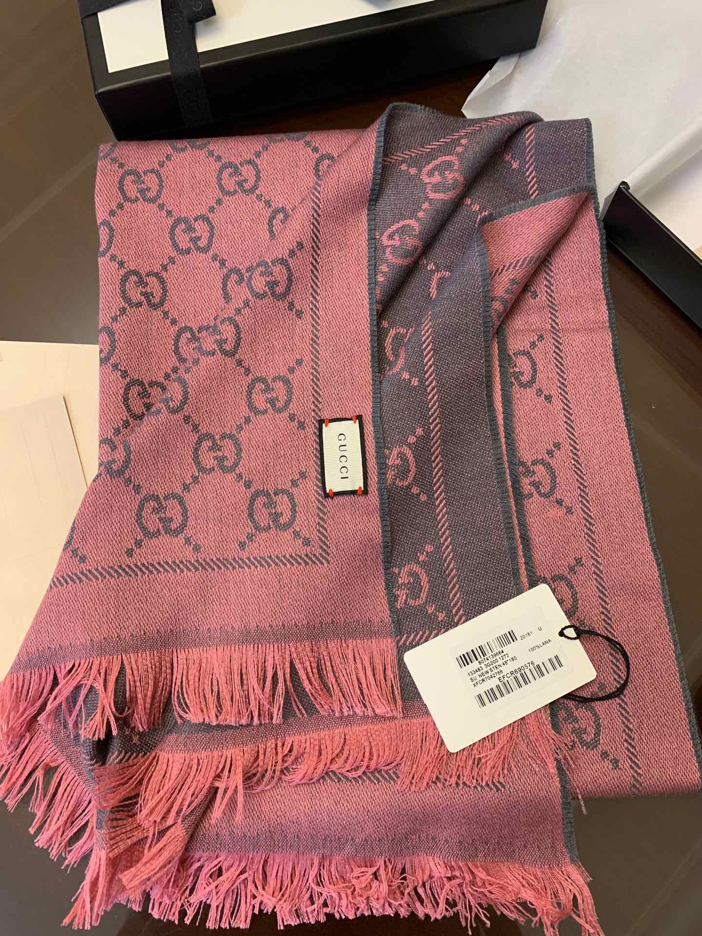 GUCCI古驰GG提花流苏饰边双面提花羊毛围巾