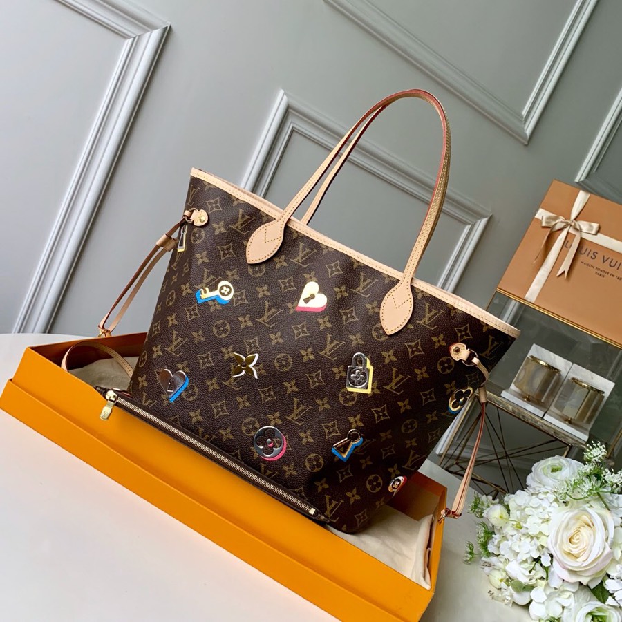 Louis Vuitton LV Neverfull Bags Handbags Gold Silver Printing Monogram Canvas Cotton Cowhide Fashion