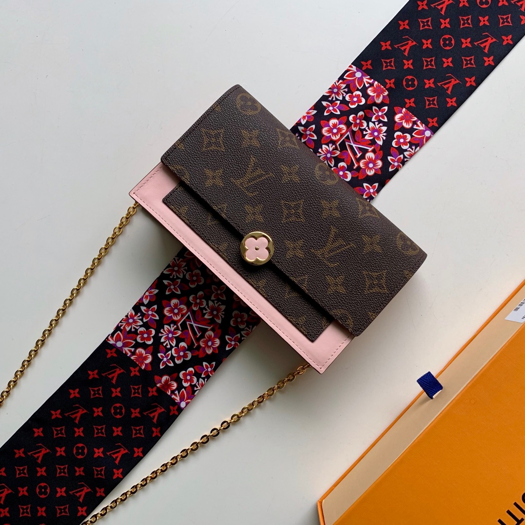 Louis Vuitton LV Flore Wallet Replica US
 Pink Splicing Monogram Canvas Calfskin Cowhide Chains M67405