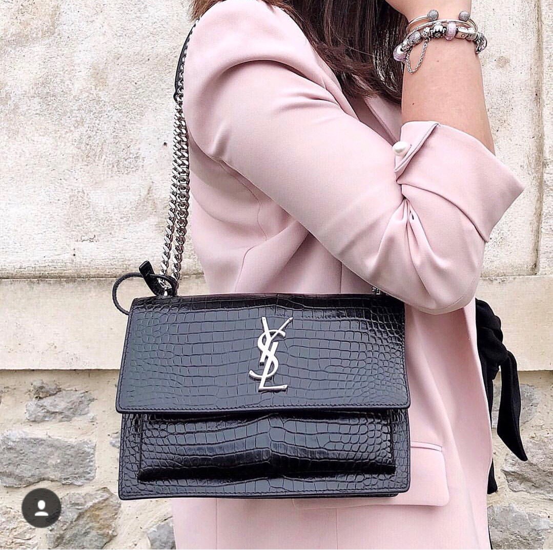 YSL Sunset 22CM 鳄鱼纹日落包 442906黑色/银扣