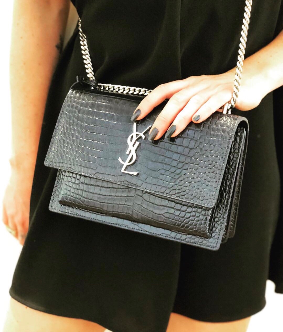 YSL Sunset 22CM 鳄鱼纹日落包 442906黑色/银扣