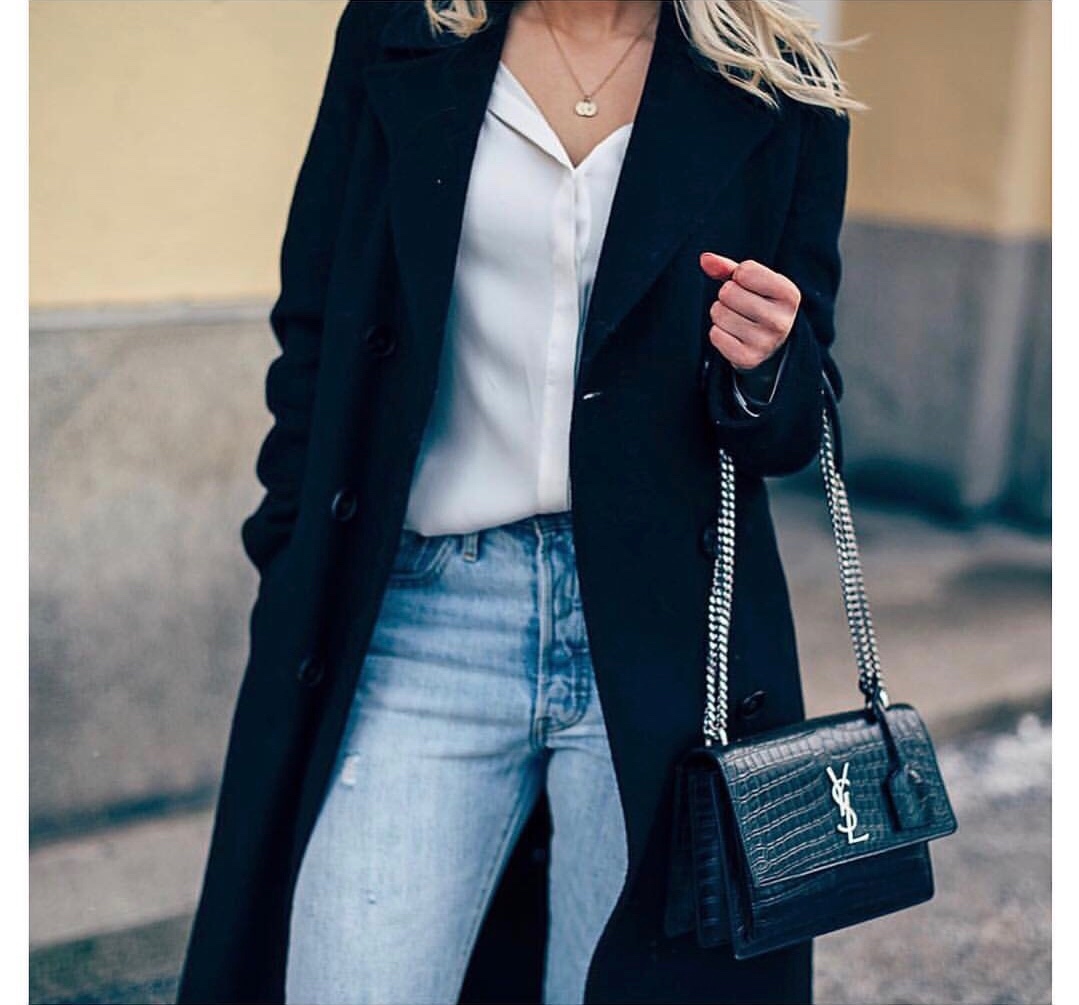 YSL Sunset 22CM 鳄鱼纹日落包 442906黑色/银扣