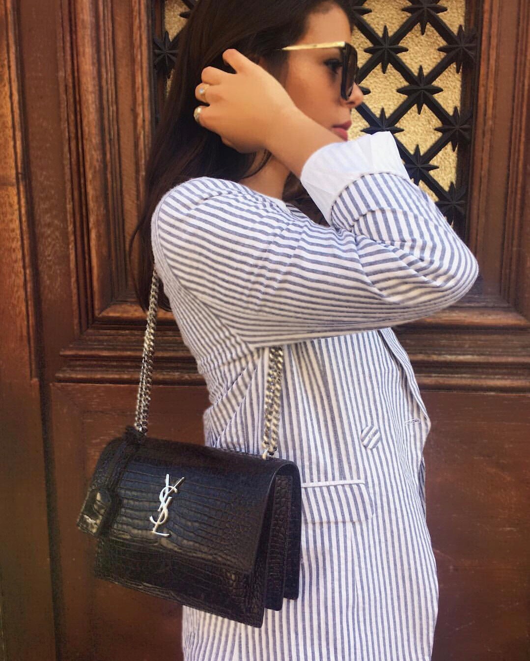 YSL Sunset 22CM 鳄鱼纹日落包 442906黑色/银扣