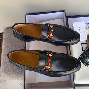 Wholesale Gucci Shoes Plain Toe Apricot Color Black Cowhide Genuine Leather Fashion Casual