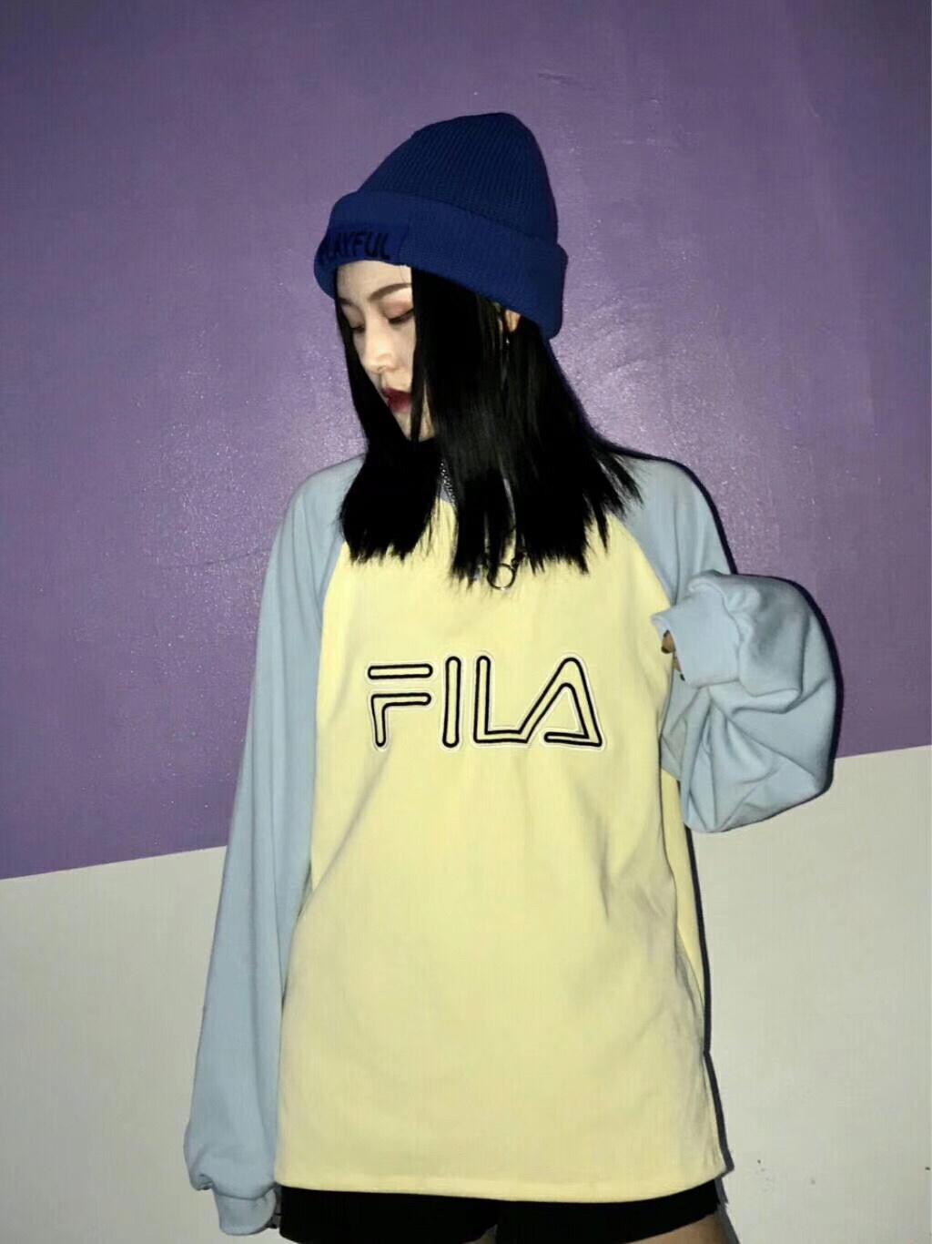 95# FILA 婓乐海外版19ss春款  斐乐插肩袖拼接卫衣 情侣款