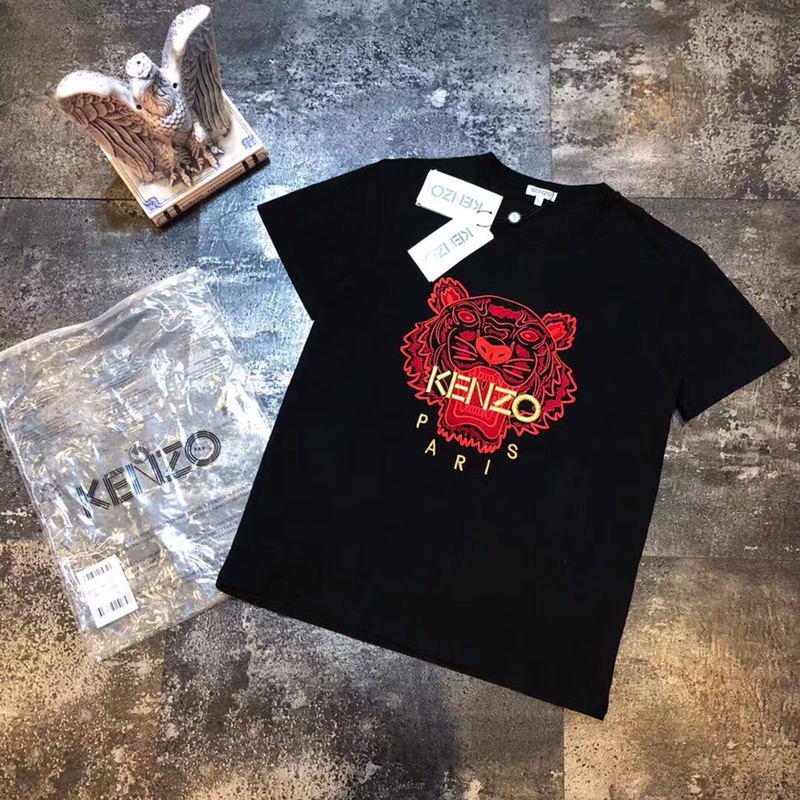 80！！Kenzo/高田贤三 黑红配色金线虎头Tee。