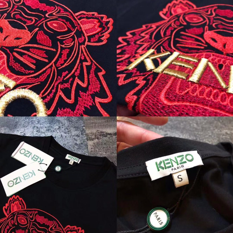 80！！Kenzo/高田贤三 黑红配色金线虎头Tee。