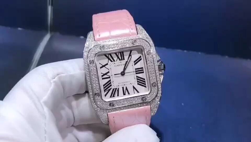 Cartier 卡地亚山度士系列女款配粉色表带非常